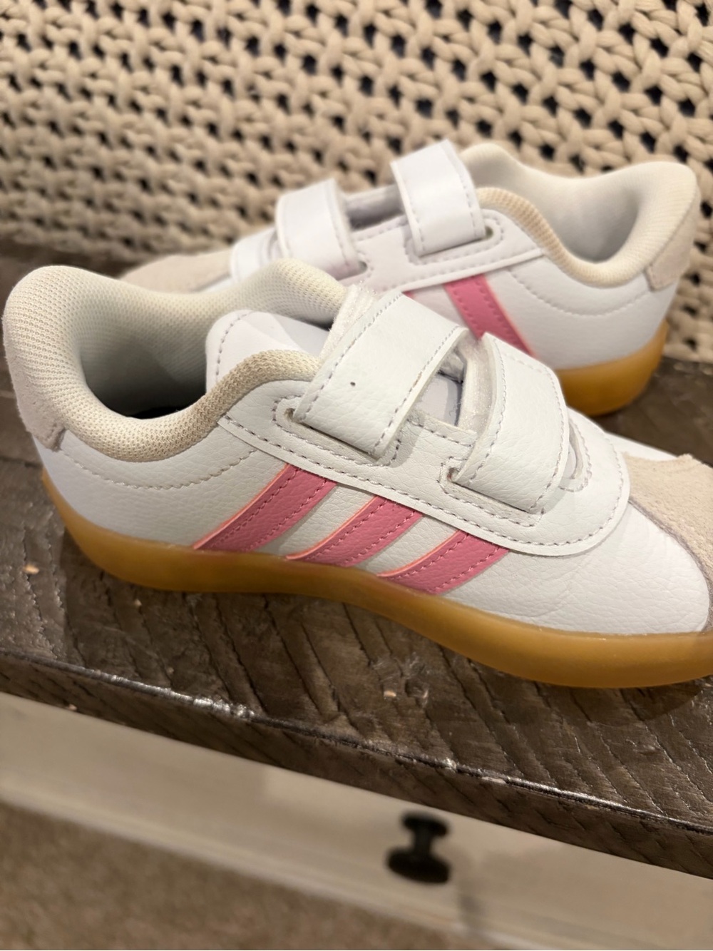 adidas White Kids Sneakers with Pink Stripes and Gum Outsole